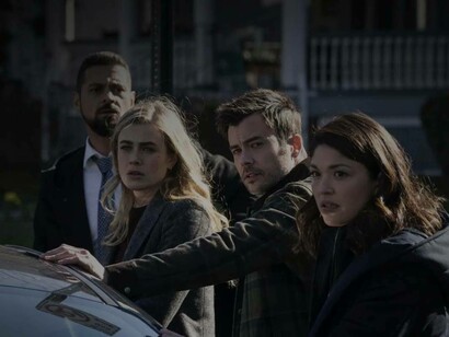 Cast members of the hit Netflix show 'Manifest' featuring from back to front, J.R. Ramirez, Melissa Roxburgh, Matt Long, and Leah Gibson