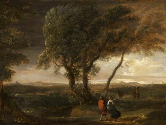 Herman Van Swanevelt, c. 1603 - 1655, Dutch School, An extensive windswept Panoramic Landscape with Travellers on a Path, Oil on Panel, 10 x 16 3/8 inches (25.4 x 41.6 cms)
Signed in ink au verso:"Herman van Swanevelt fe,"
