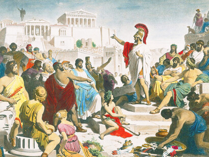 In Philipp Foltz's powerful nineteenth-century depiction on Ancient Greece, Athenian statesman Pericles delivers his poignant funeral oration, honouring the fallen soldiers of the Peloponnesian War and encapsulating the ideals of democracy and civic duty