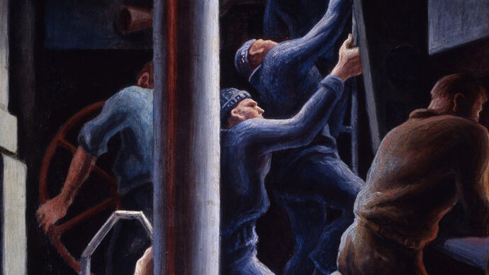 Thomas Hart Benton (American, 1889 –1975), Up the Hatch, 1943, oil on press board, 37 x 27 in. (framed dim.), Navy Art Collection, Naval History and Heritage Command, Washington, D.C., 88-159-BQ.