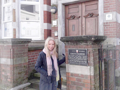 Julie Cook in front of the White Starline building in Canute Road, Southampton, where Titanic widows went to wait for news of their husband’s survival or death