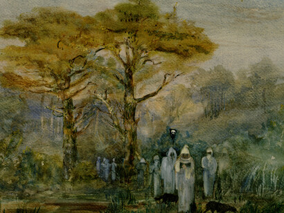 A hooded Procession, not dated. Barbara Leigh Smith Bodichon (1827-1891). Watercolor on paper, 10 1/16 x 14 9/16 inches. Mark Samuels Lasner Collection, University of Delaware Library.