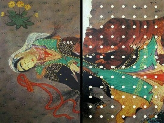 Samira Alikhanzadeh, Somewhere in the Garden - digital print, acrylic & mirror on board- triptych, each panel 100 x 60 cm, overall 100 x 180 cm, edition 1 of 3- 2013. Edition 1
