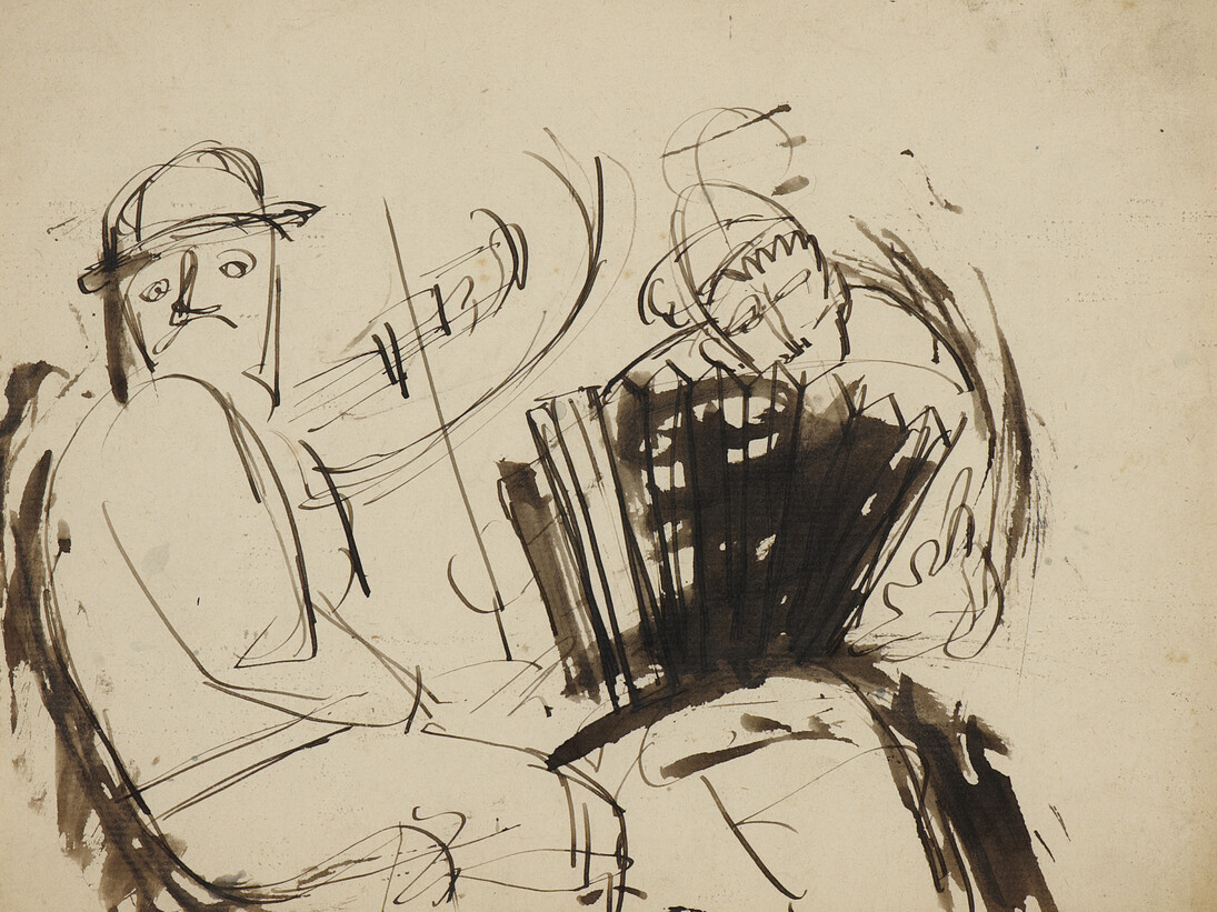 Josef Herman,, Musicians (From A Memory of Memories), c 1940-43, pen and ink and wash on paper, 37 x 42 cm frame, Ben Uri Collection 