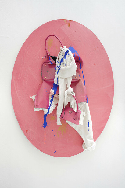 Yves Scherer, Z+Y, 2015, Aluminium Dibond, Prada Bag, T-Shirt, Pants and Acrylic Paint, 135x102 cm - Courtesy Studiolo, Milan - Photo Filippo Armellin