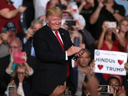 President of the United States Donald Trump speaking with supporters at a Make America Great Again campaign rally at International Air Response Hangar at Phoenix-Mesa Gateway Airport in Mesa, Arizona, USA