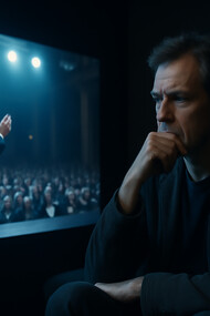 A man sits in quiet reflection, watching a public figure on screen—capturing the contrast between introspective thought and the spectacle of modern genius