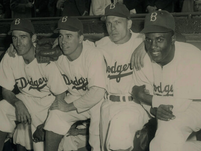 From left, John Jorgensen, Pee Wee Reese, Eddie Stanky and Jackie Robinson before Robinson broke baseball's color barrier at Ebbets Field in Brooklyn, N.Y., on April 15, 1947