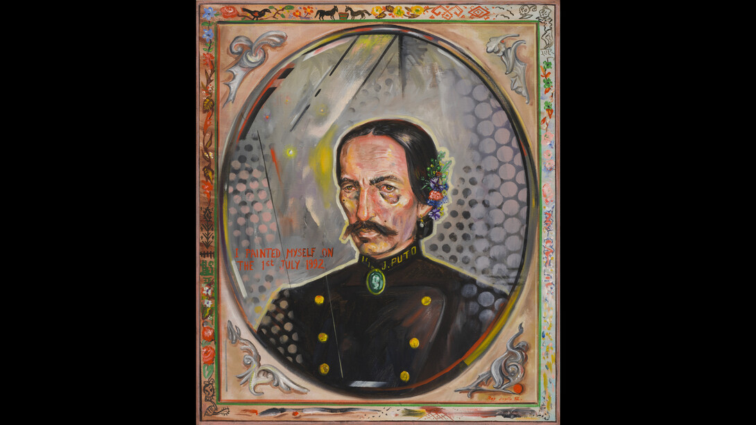Juan Davila, Self-portrait, 1992, oil on canvas, 26 3/4x22 13/16 inches, signed and dated verso. Courtesy of the artist, Foxy Production New York and Kalli Rolfe Contemporary Art, Melbourne