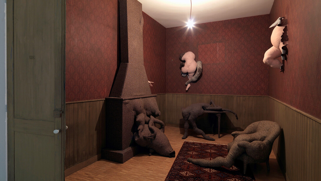 Dorothea Tanning, 1910-2012, Poppy Hotel, Room 202, 1970–3, Wood, fabric, wool, synthetic fur, cardboard, wallpaper, carpet and light bulb, overall: 3405 x 3100 x 4700 mm © ADAGP. Photo © Centre Pompidou, MNAM-CCI, Dist. RMN-Grand Palais / Georges Meguerditchian
