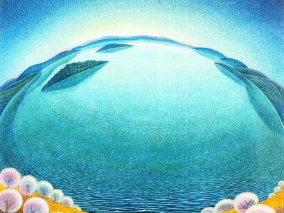 Gerardo Dottori, Lake-Dawn, (1942), Tempera on faesite, 101 x 122 cm, Collezione Fondazione Cassa di Risparmio di Perugia