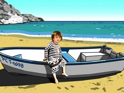 Dibujo de un niño junto a una barca
