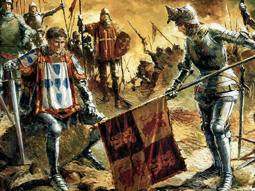 Esta pintura retrata a Batalha de Aljubarrota, um conflito decisivo travado em 14 de agosto de 1385 entre o Reino de Portugal e a Coroa de Castela