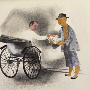 Bernard Perlin, “Rickshaw Driver, Shanghai”, 13 3/4” by 16 1/2”, tempera on board, 1945. Copyright: The Estate Of Bernard Perlin, Courtesy: Anna Zorina Gallery, New York City