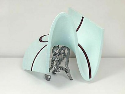 John Newman, Mint-green and tabling the proposition, 2013, extruded aluminum, wood, wood putty, acqua resin, papier mâché, foamcore, Japanese paper, acrylic and oil paint, 26 x 24 x 24 inches