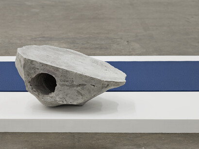 Chris Evans, Clerk of Mind, detail of CLODS, Diplomatic Letters showing CLOD I (light), 2012. Concrete, marble, pvc mat, painted wooden platform. Dimensions variable. Project Arts Centre, Dublin (2014)