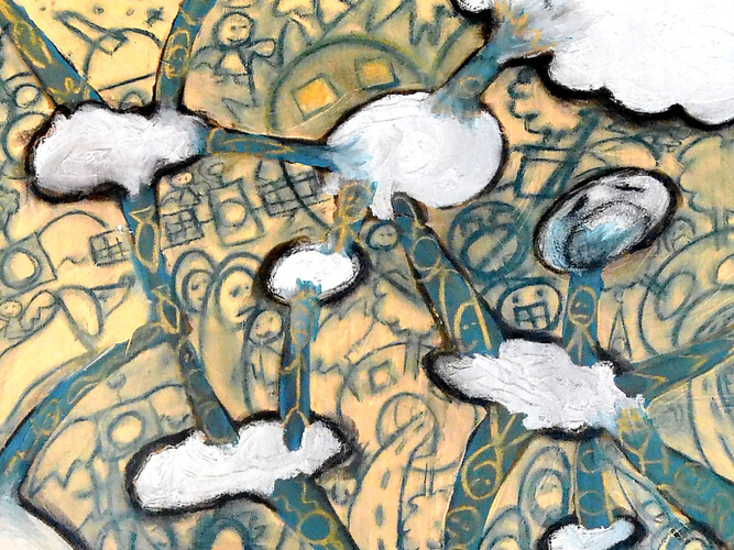 Processo evolutivo sináptico, 60X120 cm. Pastel extrafino, grafite, esferográfica, cimento refratário, laca e solução vinílica sobre tela
