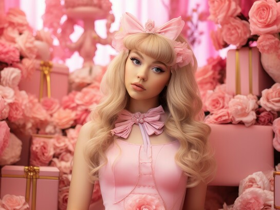 A flawless, doll-like presence with carefully modified details, highlighting the illusion of perfection shaped by external approval