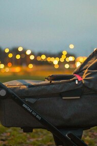 A stroller left alone in the park as it's getting dark