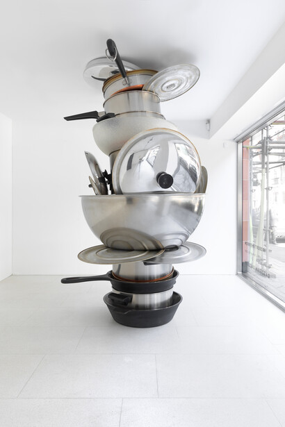 Robert Therrien, No Title (Pots & Pans II), 2008, 
metal and plastic, 108 x 66 x 80 inches 274.3 x 167.6 x 203.2 cm © Robert Therrien. Courtesy of the artist and Gagosian Gallery. Photography by Mike Bruce
