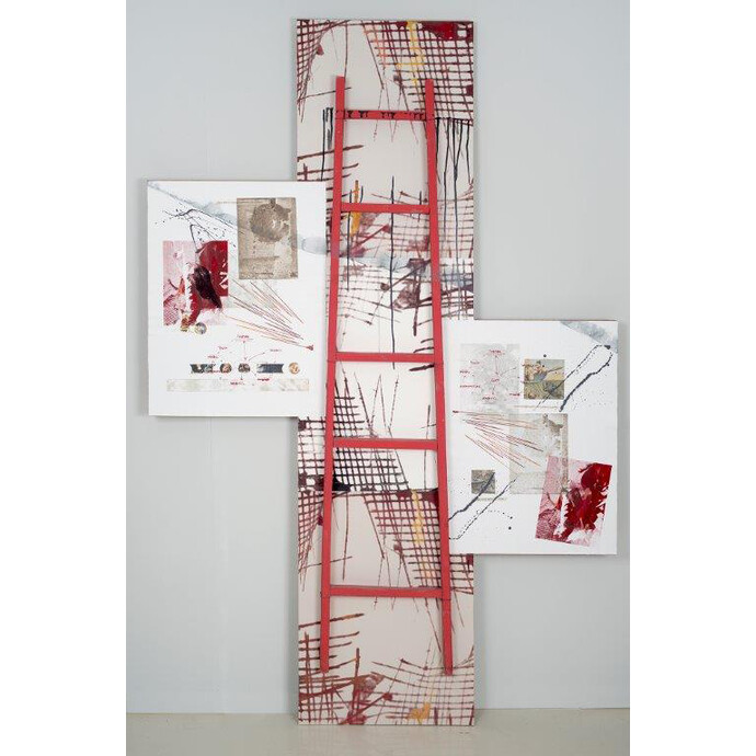 Lina Pigadioti, October, Going Upwards / Crossroads (2015), Mixed media (collage of print making techniques on cotton paper and wooden structure) on reboard, 148 x 227 cm