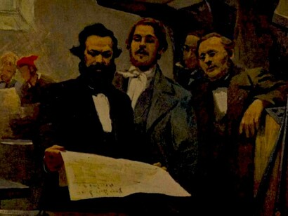 Ilustración que muestra a Marx y Engels en el taller de impresión de la «Gaceta Renana»