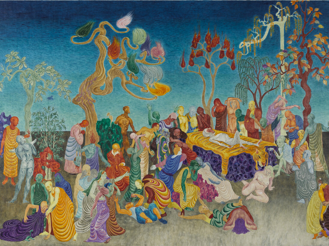 Wu Jian'an, Nirvana of the White Ape, 2014, Colored wax on wood, 70 7/8 x 98 1/2 in (180 x 250 cm). Courtesy of the artist and Chambers Fine Art