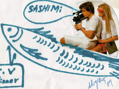 Shigeko Kubota, Sashimi T.V. Dinner, 1987, published in Food Sex Art the Starving Artists’ Cookbook by EIDIA (idea) Books in New York, 1991. (c) Shigeko Kubota; Courtesy of the estate of the artist, Paul and Melissa EIDIA, and RYAN LEE Gallery, New York.
