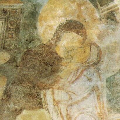 Chiesa di Santa Sofia, affresco della Visitazione, particolare. Benevento, Italia