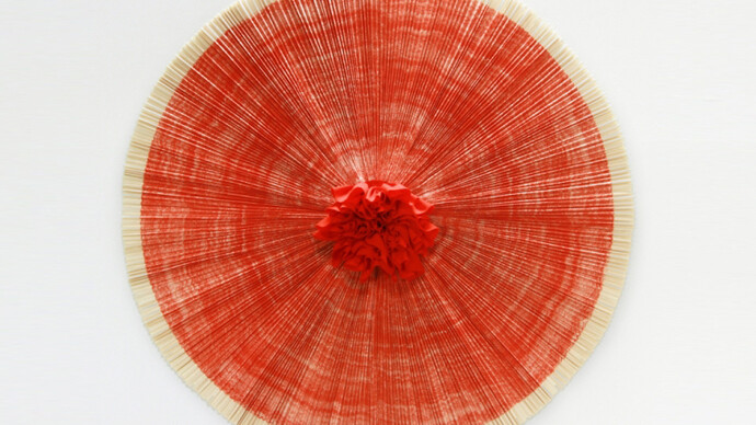 Ann Hamilton, Ciliary 15, wall-mounted lithograph and fabric assemblage with bamboo support, Courtesy of Ann Hamilton, Gemini G.E.L. and Robischon Gallery
