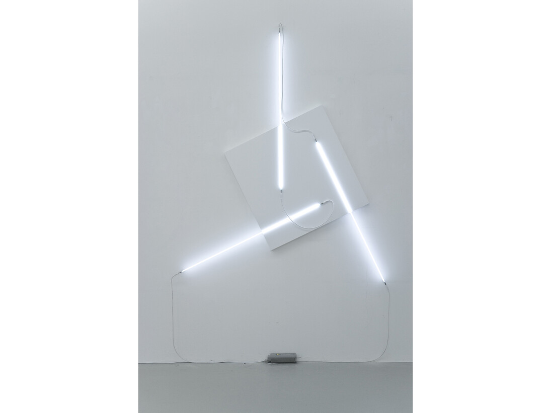 François Morellet, Néons 3D  65°-90°-25°, 2015, acrylic on canvas on wood, 3 white neon tubes, high voltage cable and transformer; 246 x 201 cm / (96⅞ x 79⅛ in). Edition 2 of 3 © the artist, image Courtesy of François Morellet and Blain|Southern, Photo: Atelier Morellet 