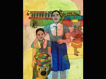 Karla Diaz, Aunt and Me at Mercadito, 2022, Watercolor and ink on paper, 20 x 15 in. Courtesy of the artist and Luis De Jesus Gallery