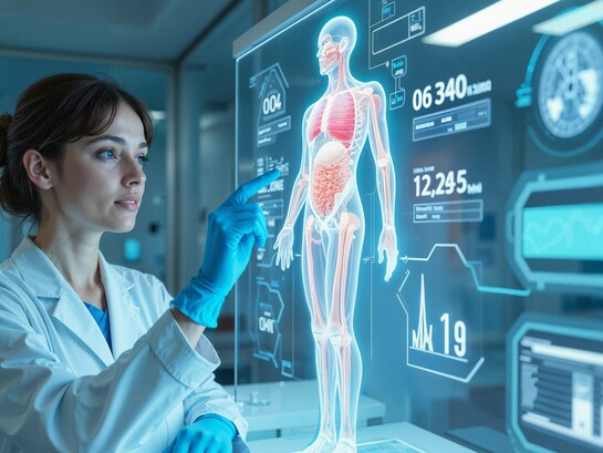 A doctor studying an interactive three-dimensional human anatomy display, reflecting the transformation of medicine through data-driven innovation