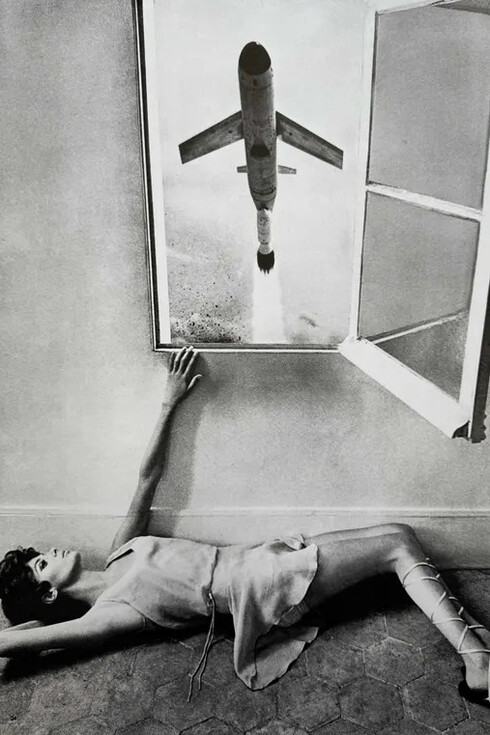 Helmut Newton, Woman watching rocket blast off through open window (detail), Paris, 1968. Courtesy of Hamiltons