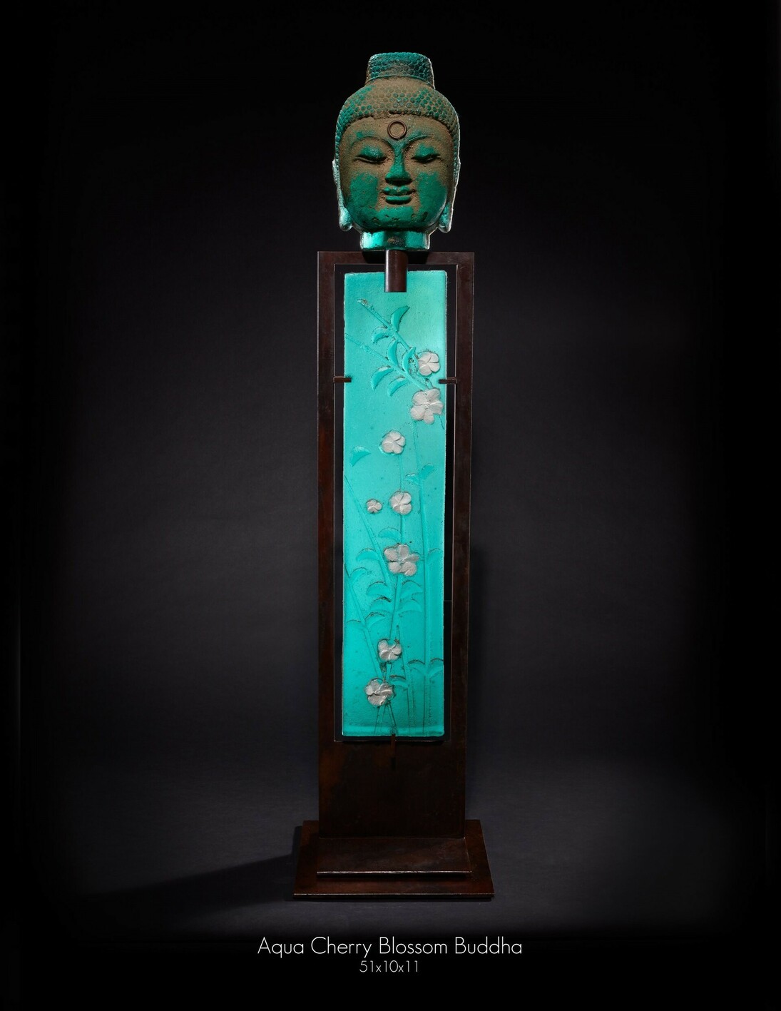 Marlene Rose, Aqua cherry blossom Buddha, 2022, sand cast glass & steel, 51x10x11 inches