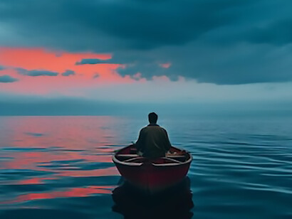 Beneath the canvas of nature's beauty, a boat peacefully floats on the water, harmonizing with the tranquil scenery around it
