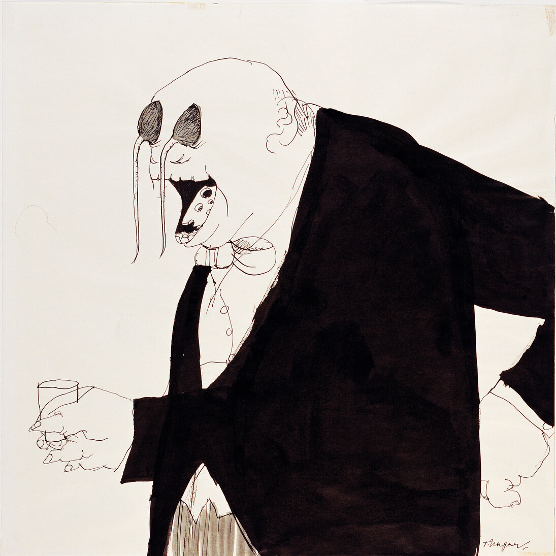 Tomi Ungerer, Untitled, 1966 (drawing for The Party, first published 1966 at Paragraphic Books, Grossman Publishers, New York), Ink and ink wash on paper, 18 x 18 inches (45.8 x 45.6 cm). Collection Musée Tomi Ungerer – Centre international de l’Illustration, Strasbourg. © Tomi Ungerer/ Diogenes Verlag AG Zürich. Musées de la Ville de Strasbourg / Mathieu Bertola