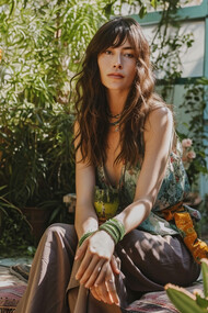 A woman surrounded by layered foliage and quiet air, representing the slow, unseen shifts within identity