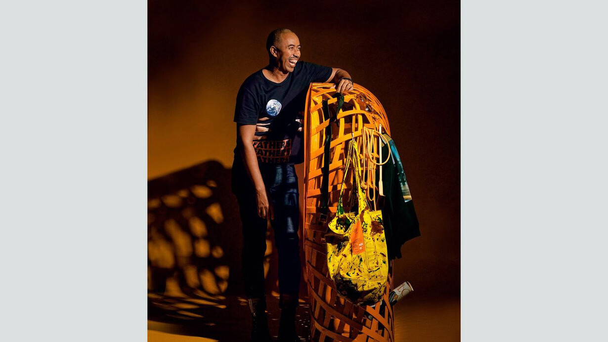 Stephen Burks with Woven TV (Shelter in Place project), 2022, enamel, epoxy resin, LED, and polylactide (PLA), designed by Stephen Burks (American, born 1969), manufactured by Stephen Burks Man Made, New York, established 1997, collection of the designer. Photo by Caroline Tompkins