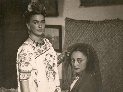 Anonymous, Frida Braiding Rosa Covarrubias's Hair, 1938, Gelatin silver print mounted on, album paper, 4 3/4 x 6 3/4 in, n.s