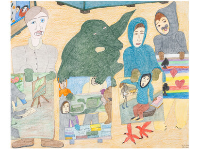 Shuvinai Ashoona, Drawing like the elephant, 2023, colored pencil and ink on paper, 41.5x50.25 inches. Courtesy the artist and Fort Gansevoort, NYC