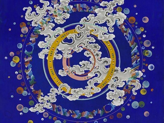 Pema Rinzin, Wheel of Time and Space (3), 2014, Ground mineral pigments, gold, on wood, 20 x 24 inches. Images courtesy of Joshua Liner Gallery