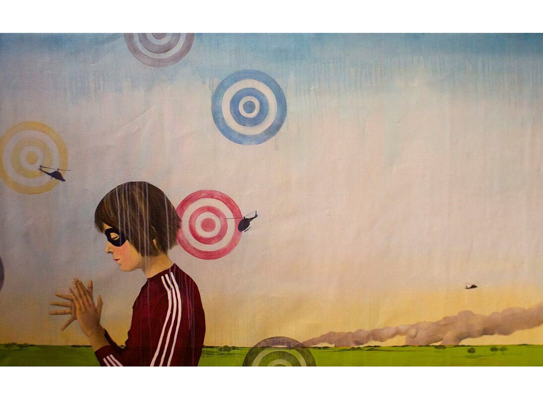 Inés Tolentino, "Todos Pirómanos", 45″ x 74″, acrylic on canvas, 2013