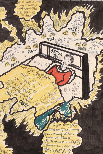 Prophet Royal Robertson
"The Black Commander", 1993 (PRR/P 079)
felt-tip-pen and ball point pen on cardboard/ Filstift und Kugelschreiber auf Plakatpappe 71 x 56 cm

Courtesy Delmes & Zander, Cologne/ Berlin . Detail

 
