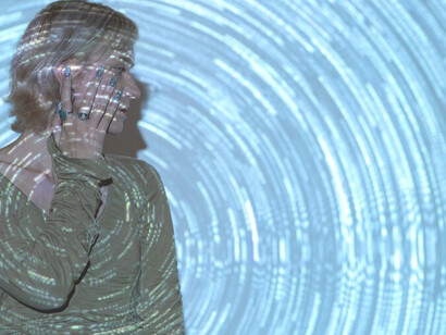 A woman amidst a universe projection texture, complemented by complexity diagrams, inviting contemplation on time perception, human perception, and profound philosophical concepts, enriching your content with depth and resonance