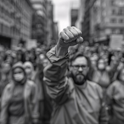 Un uomo con barba e occhiali con il pugno alzato verso l'alto in segno di protesta e una folla sullo sfondo