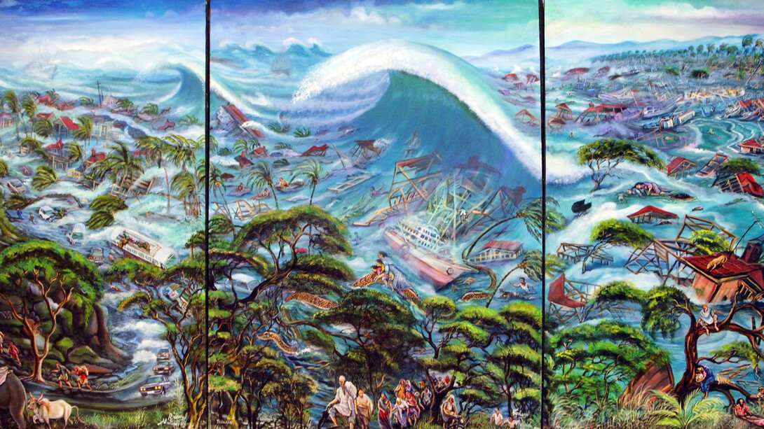 Richard Onyango, Tsunami, 2005. Triptych, Acrylic on canvas, 160 x 119,9 x 2,5 cm each panel © Richard Onyango. Courtesy of CAAC - The Pigozzi Collection, Ginevra