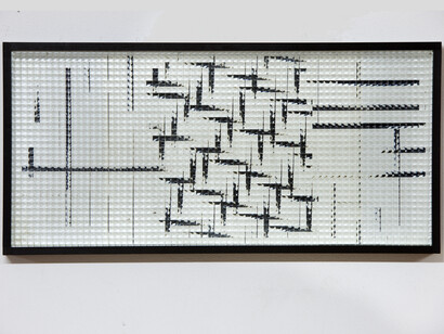 Grazia Varisco, Reticolo frangibile. Intreccio nero + corsivo, 1969, wood, industry glass, 45 x 91 cm, photo by Thomas Libis, courtesy Cortesi Gallery, Grazia Varisco