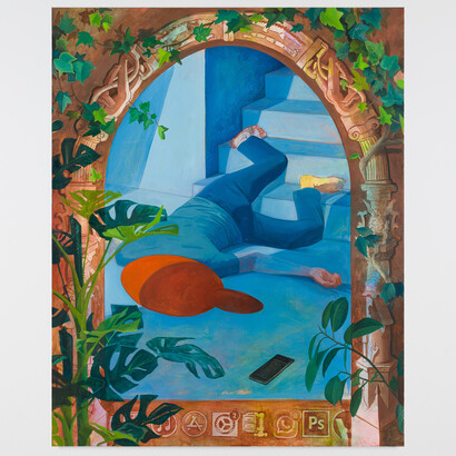 Marc Badia, Low Battery, 2022, oil on linen, 63 3/4x51 1/8 inches. Courtesy of the artist and Lorin Gallery