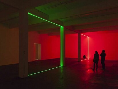 Haroon Mirza , Digital Switchover, 2012, Installation View, Kunst Halle Sankt Gallen, St.Gallen, 2012, 1 x control box, 4 x active speakers, 1 x relay, 1 x DVD player, 1 x TFT monitor, LEDs, foam. Courtesy the artist and Kunst Halle Sankt Gallen, Photo Gunnar Meier, © Haroon Mirza